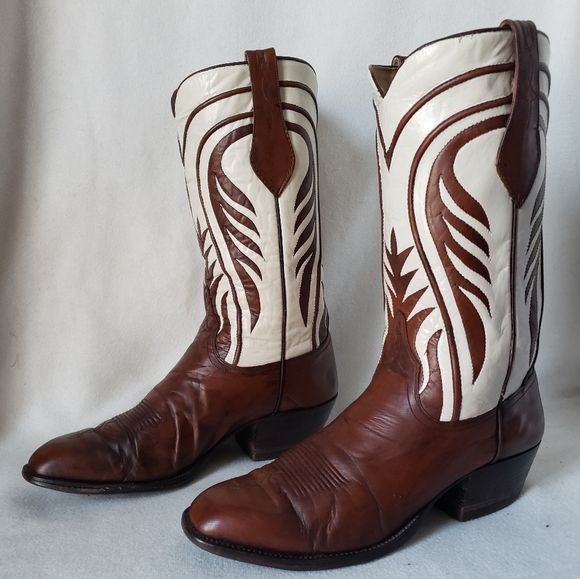 SOLD ❌Vintage Dan Post Western Boots Ivory Custom Shafts Brown Cognac Leather - Picture 6 of 16